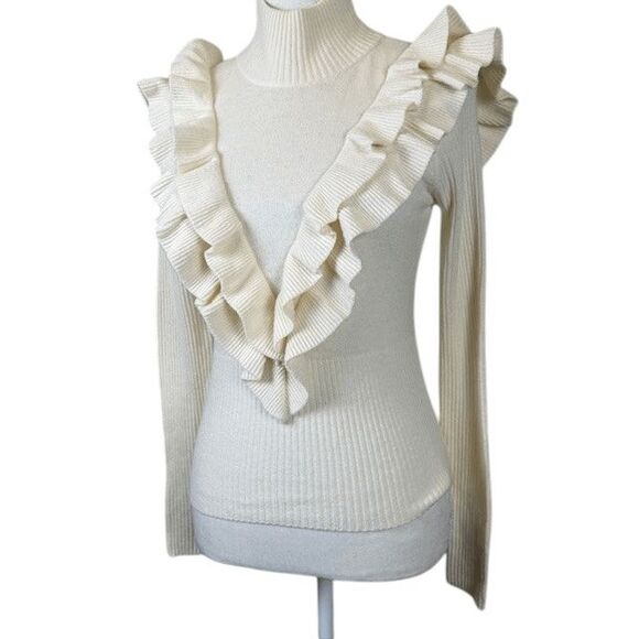 Cinq a Sept Cashmere Wool Blend Palomino Ribbed Ruffle Sweater Ivory Size Small - Picture 2 of 11